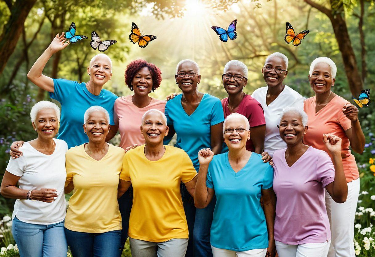 A heartwarming scene depicting a group of diverse cancer survivors joyfully celebrating together outdoors, surrounded by nature blooming with flowers symbolizing hope and resilience. Each individual showcases a unique light of strength, with their stories represented through vibrant symbols like butterflies and sunrises in the background. The atmosphere is filled with warmth and positivity, capturing the essence of their transformational journeys. vibrant colors. super-realistic. uplifting mood.