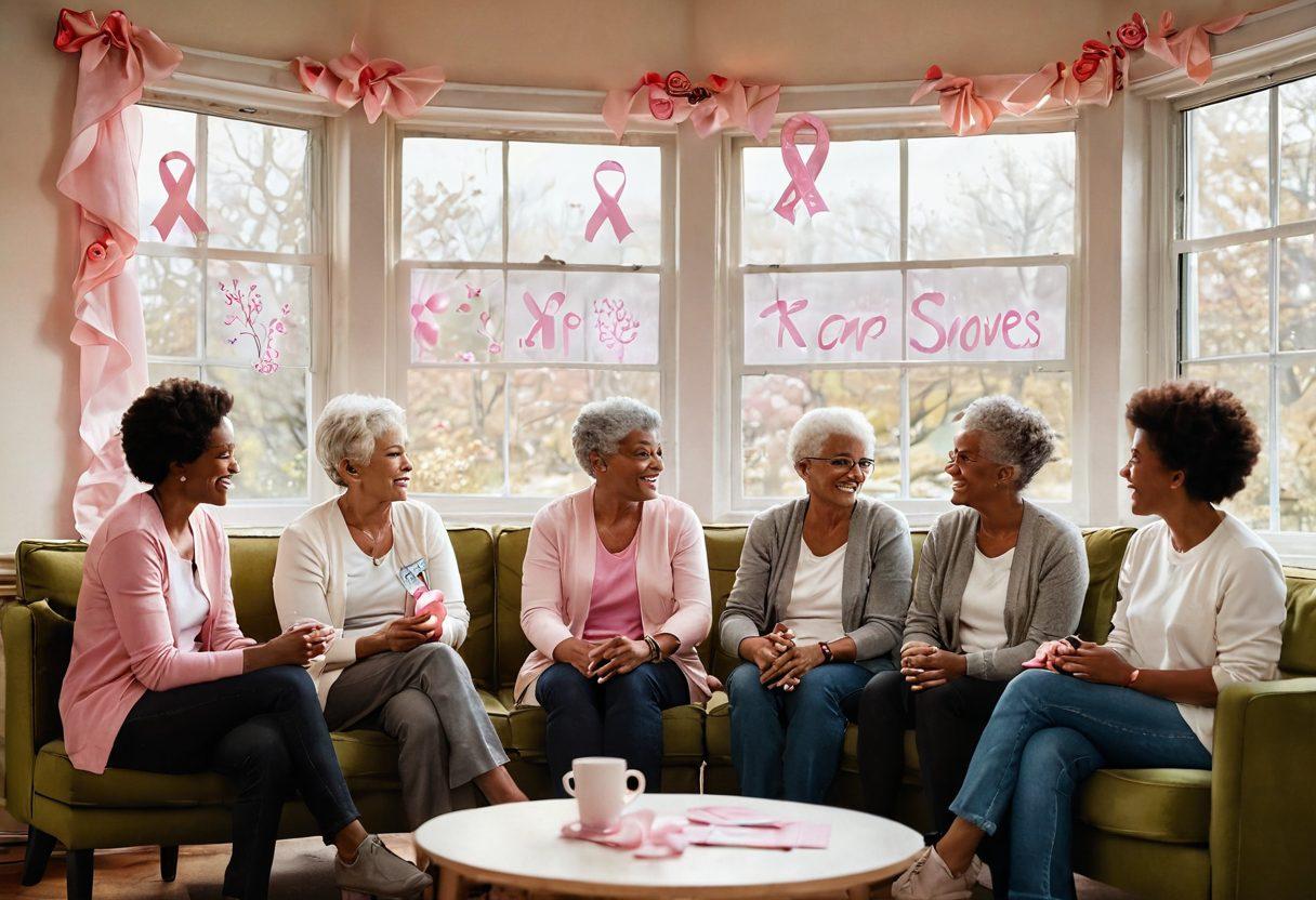 A heartwarming scene depicting a diverse group of cancer survivors sharing their stories in a cozy support group setting, surrounded by symbols of hope like pink ribbons, flowers, and light streaming through a window. Incorporate visual elements representing early detection, like a magnifying glass and medical imagery, alongside cheerful treatment option icons. The atmosphere should radiate warmth, resilience, and community support. vibrant colors. super-realistic. soft lighting.