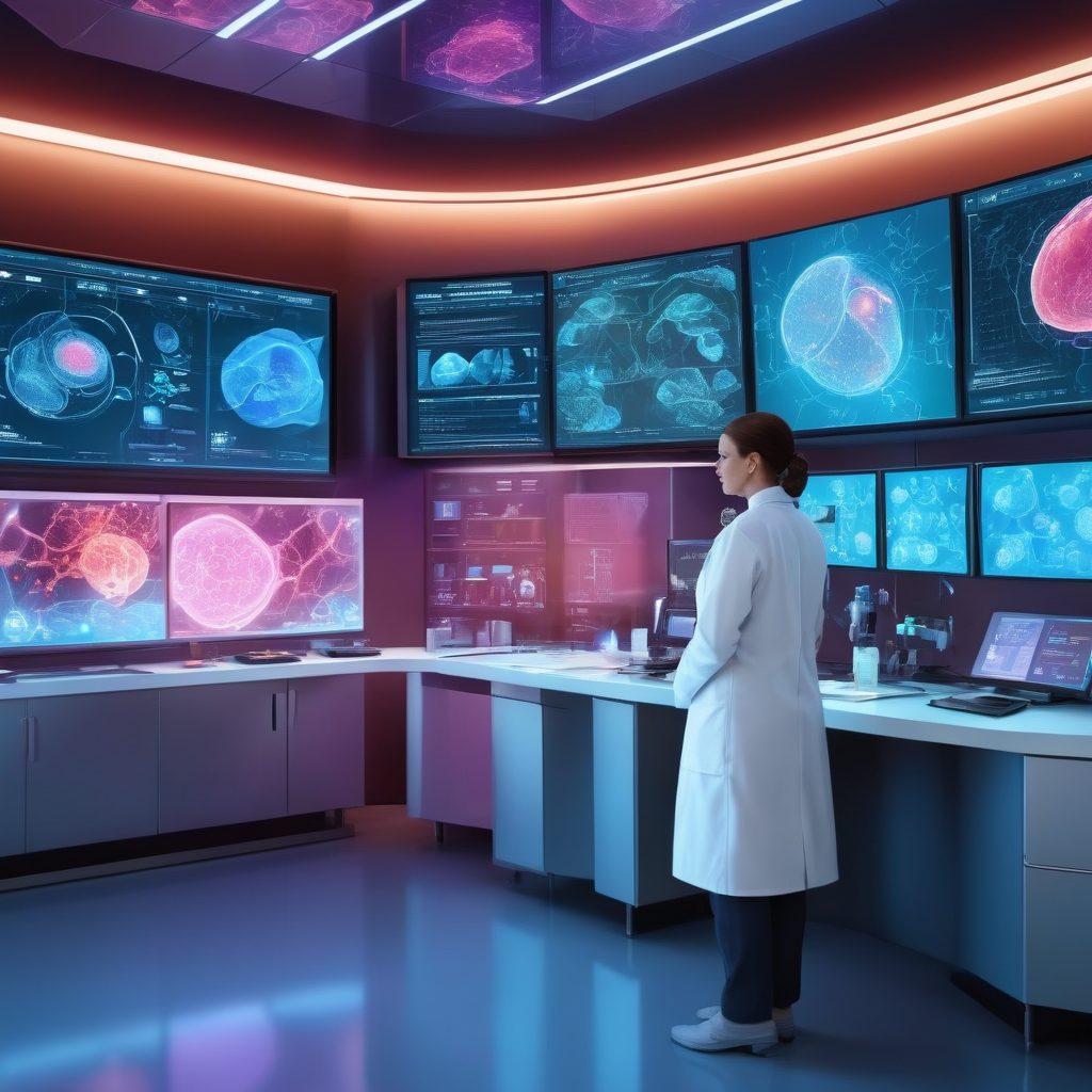 A dynamic visual representation of a futuristic medical lab with cutting-edge technology, displaying diverse treatment options like chemotherapy and immunotherapy. Include a holographic display of cells interacting with therapies, a researcher in a lab coat observing, and vibrant digital screens illustrating cancer treatment advancements. The setting should convey hope and innovation in healthcare. super-realistic. vibrant colors. 3D.